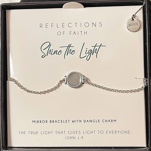 Christian Mirror silver tone Bracelet with dangle charm with word shine engraved